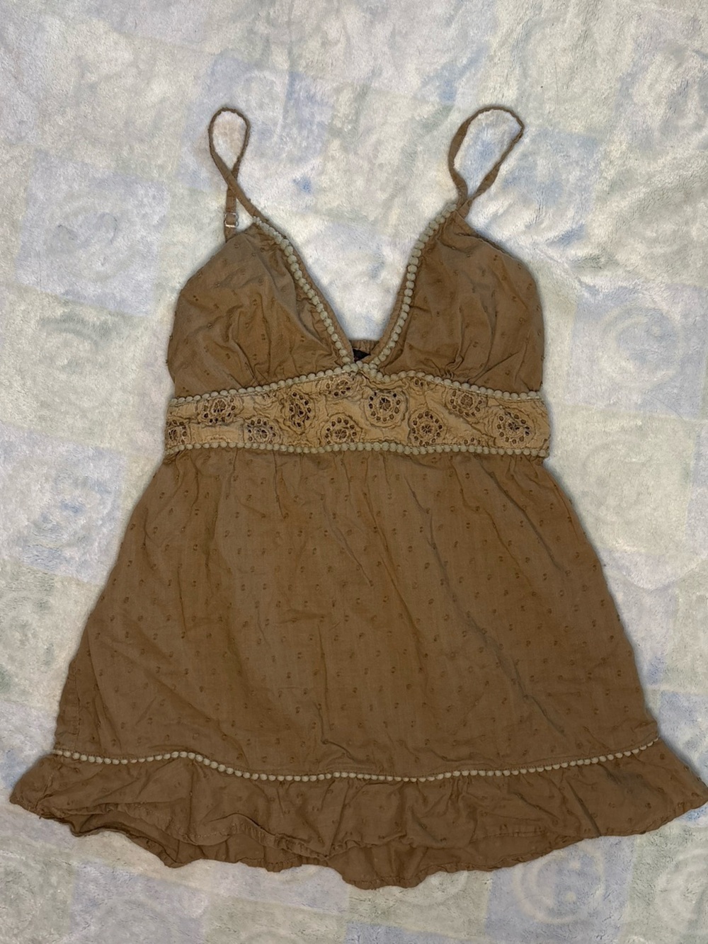 Miss Selfridge Brown Crochet-Trim Spaghetti Strap Babydoll Tank